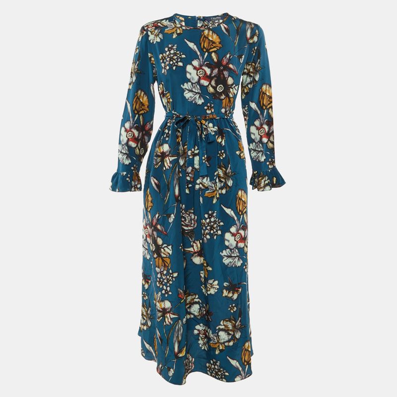 S' Max Mara Teal Blue Floral Print Silk Midi Dress L